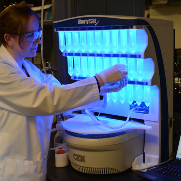 CEM Liberty peptide synthesiser in laboratory operation